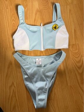 Body Glove Light Blue and White Zip-Front Bikini Set